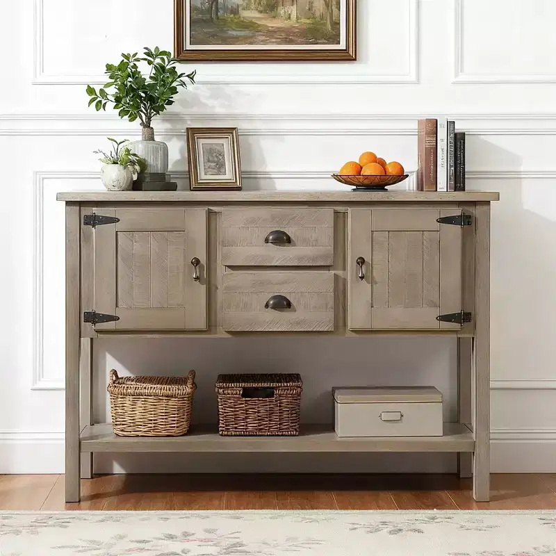 Hostack 48'' Solid Wood Console Table with 2 Drawers and Cabinets for Living and Dining Room, Rustic