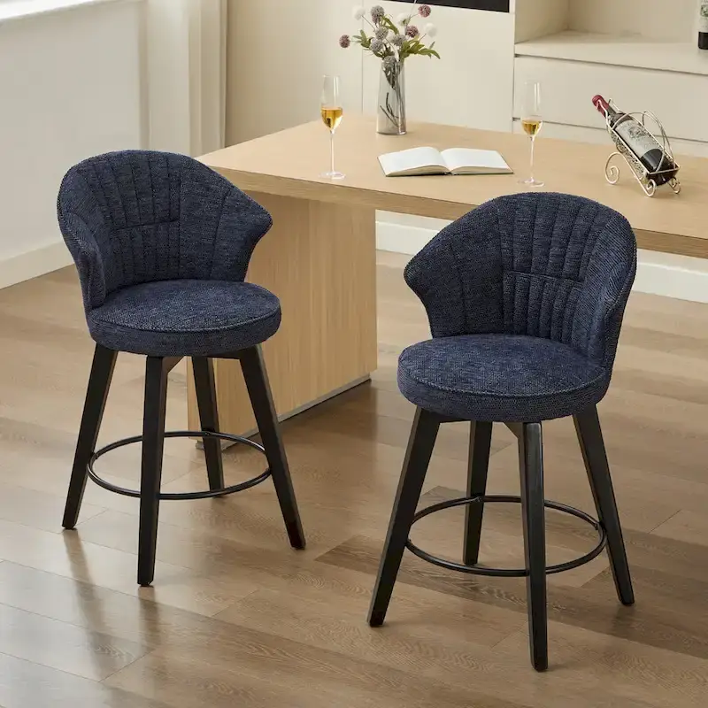 White / Blue / Dark Grey Swivel Bar Stools, Set of 2, Chenille Cushioned Counter Height Chairs with Metal Legs