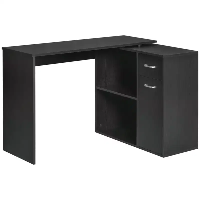 L Shaped Computer Desk, 180Degree Rotating Corner Desk with Storage Shelves, Drawer and Cabinet, Study Workstation for Home Office
