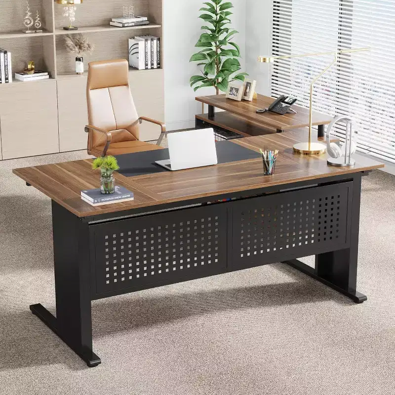 63 Inch L-Shaped Executive Desk with File Cabinet and Drawers for Home Office, Brown and Black