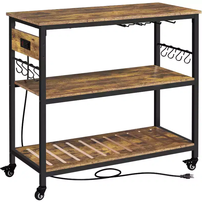 Rolling Kitchen Island with Charging Station – Rustic Brown / Taupe Wood