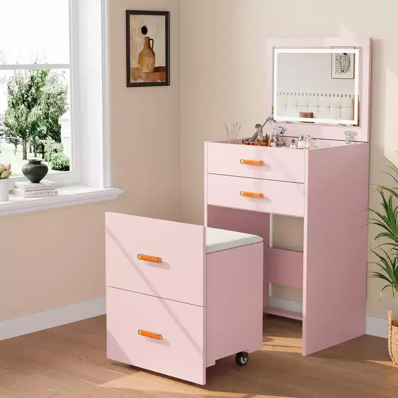 3-in-1 Vanity Set with Lights,Compact Makeup Table, Rolling Stool & Ample Storage, Perfect for Small Bedrooms,Apartments & Girls' Rooms