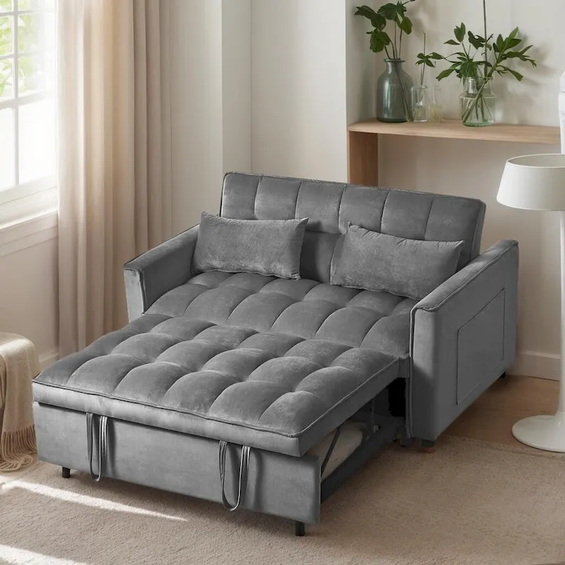 Modern Velvet Futon Loveseat with Reclining Backrest & Pockets, Seats 2 ??Dark Gray / Light Gray / Blue / Black