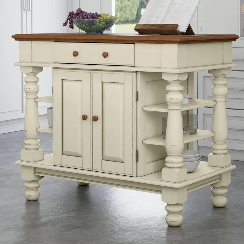 Off-White Farmhouse Kitchen Island with Storage – Hardwood Top, Antique Brass Hardware