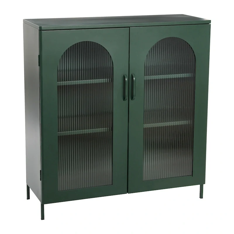 Metal Cabinet with 2 Arched Striated Glass Doors – Dark Green / Black, Modern Vintage Style, Single