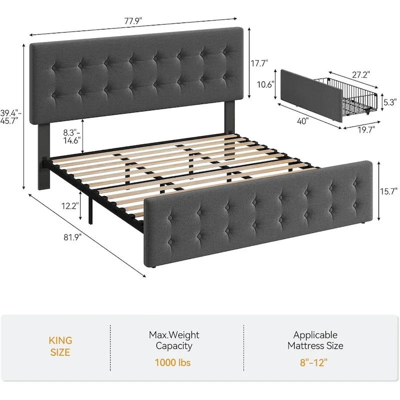 Gray Linen Queen Bed Frame with 4 Storage Drawers & Adjustable Headboard, 1-Person Assembly