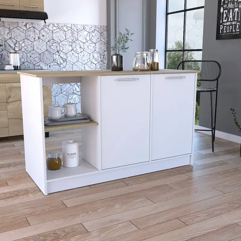 Kitchen Island with Large Top Surface, Double Door Cabinet, and Open Shelves