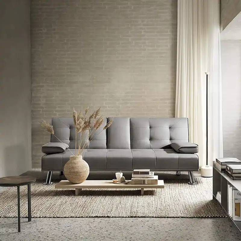 Furniwell Modern Faux Leather Futon with Cup Holders & Pillows, 65
