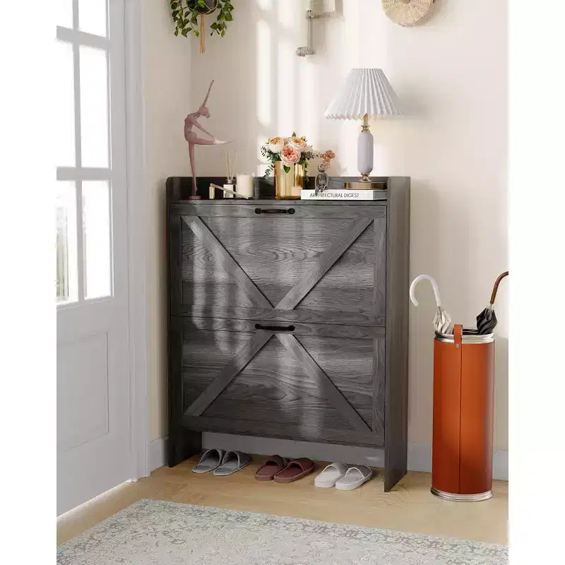 Freestanding Shoe Cabinet with Flip Drawers and Top Storage