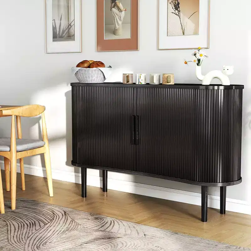 AEELLEEA Storage Sideboard 1.4M Long Curved MDF Modern Buffet Cabinet with Doors for Kitchen Living Room Bedroom Black