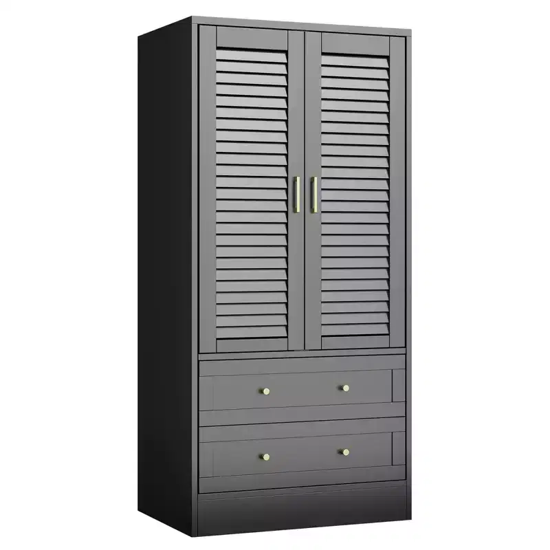 GustoWave 65 Louvered Armoire Wardrobe, Wood Closet with 2 Doors & 2 Drawers, Hanging Rod Storage for Bedroom
