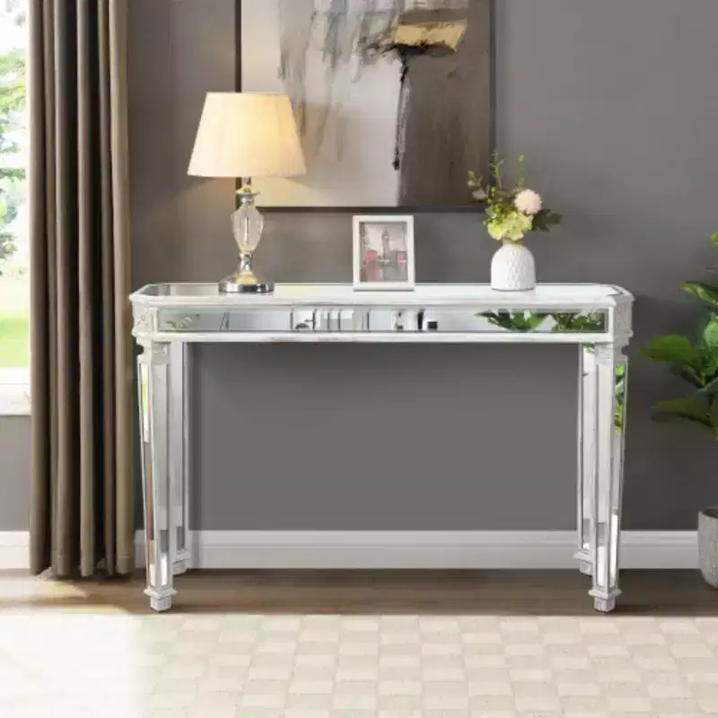 Silver Mirrored Coffee Table, Vintage Carved Elements, Rectangle Glass Tea Table with Mirrored Finish, Modern Center Table for Living Room and Office