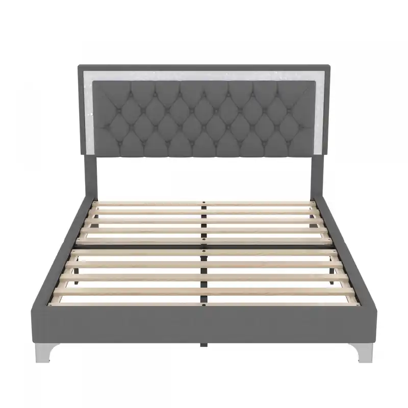 3 Piece Velvet Tufted Headboard Bedroom Set With Upholstered Bed And Led Lights,queen Size,grey Queen Bed