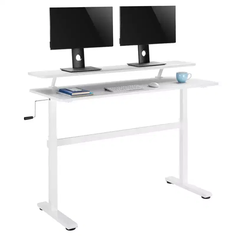 Tranzendesk Standing Desk with Clamp-On Shelf - 55 Sit to Stand Workstation with 55 Monitor Stand - White - Stand Steady
