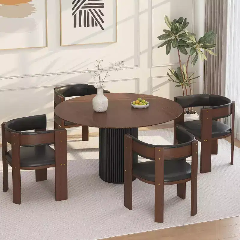 Mid Century Modern Dining Chairs, PU Leather Upholstered Kitchen Chairs Set of 3 with Accent Curved Backrest & Rubber Wood Frame