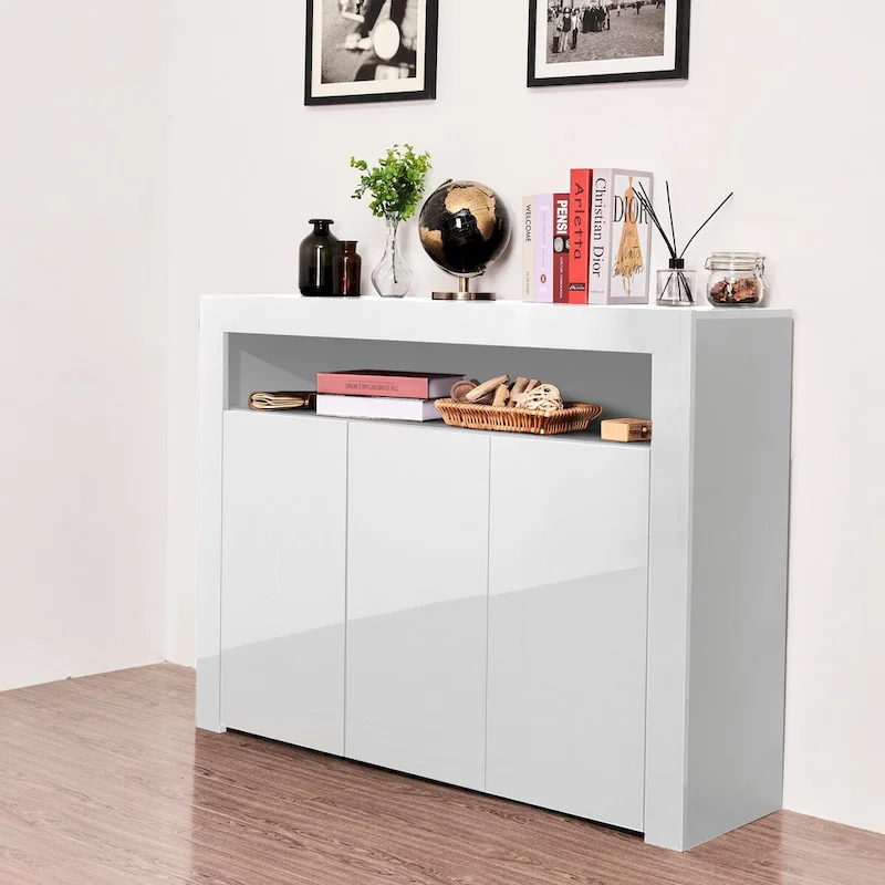 Black High Gloss with LED Light, Modern Kitchen Unit Cupboard Buffet Wooden Storage Display Cabinet TV Stand with 3 Doors