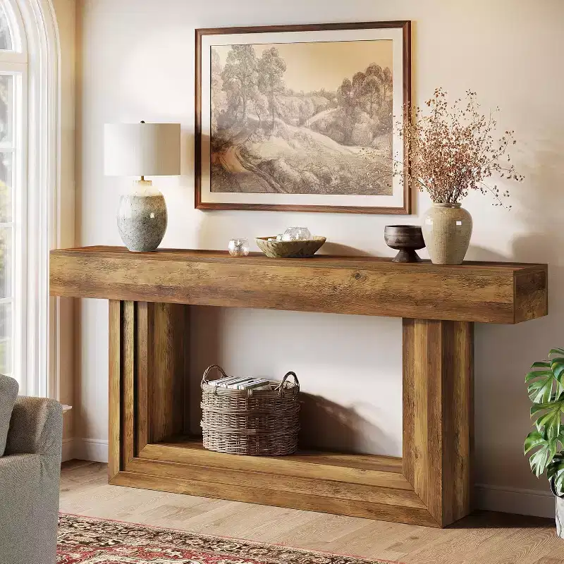 Lantine 63 Console Table, 2-Tier Entryway Table with U-Shaped Base, Farnhouse Behind Couch Table for Living Room Hallway
