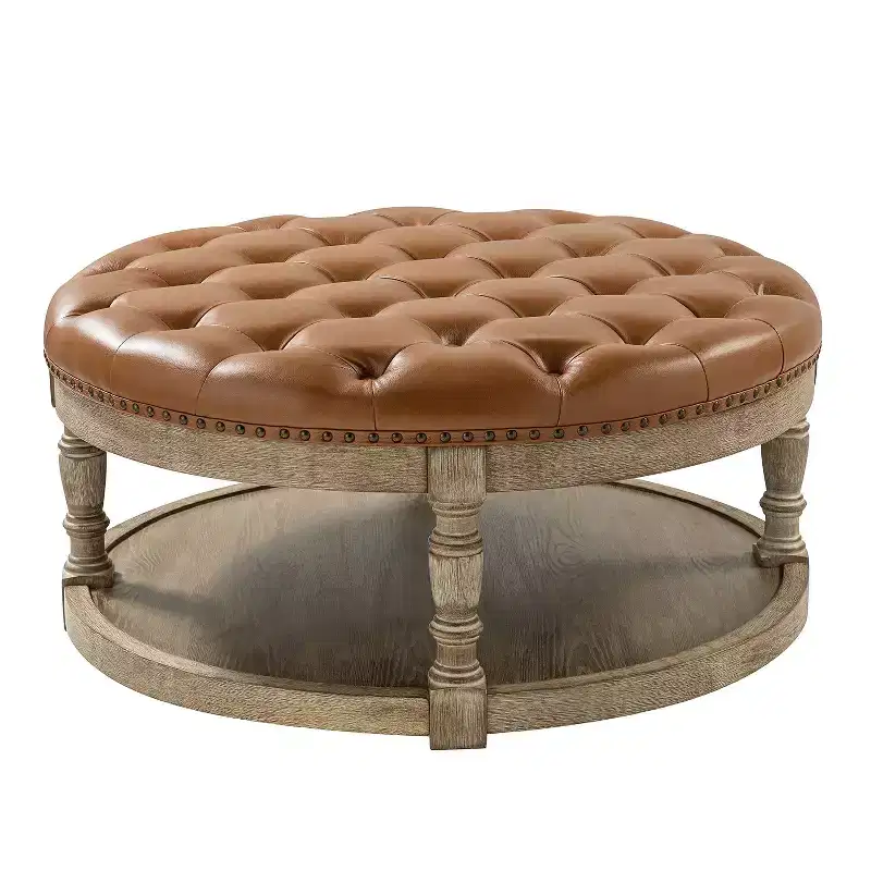 Round Vegan Leather Cocktail Ottoman with Storage and Nailhead Trim