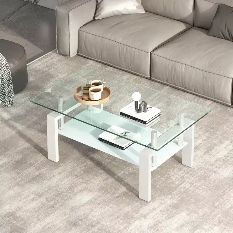 Tempered Clear Glass Coffee Table, 2-Layers Living Room Center Table