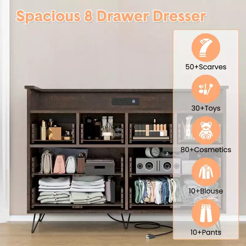 Storage cabinet, 8 drawer dresser with LED lights and charging station, wooden chest of drawers, open space, entryway, living room storage organizer
