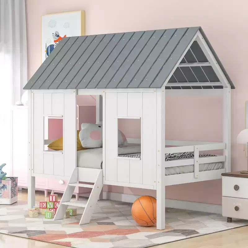Whisen 80.4''L  45.2''W  71.4H Twin Size House-shaped Low Loft Bed with Roof and Two Front Windows - White