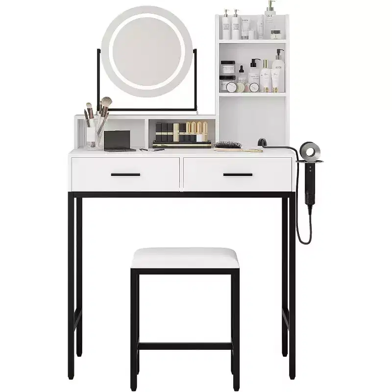 Dressing Vanity Table with Adjustable Rotating Mirror, Storage Shelves, 2 Drawers and Matching Stool