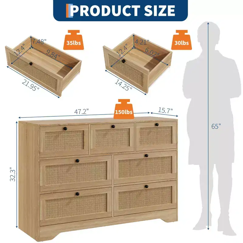 Rattan Dresser for Bedroom, 7 Drawer Double Dresser, Farmhouse Chest of Drawers, Wooden Storage Organizer for Closet, Living Room, Entryway, Hallway