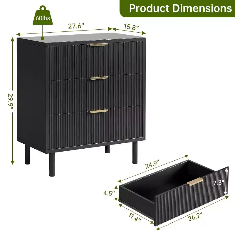 Fluted 3 Drawer Dresser,Wood Chest of Drawers with Storage Modern Wide Nightstand Bedside with Metal Legs & Handles for Bedroom Living Room Hallway