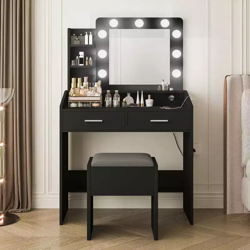 COZONY Makeup Vanity Desk with Mirror and Lights, Vanity Table with Drawers, Open Shelves & Cushioned Stool, Modern Dressing Table with Large Storage