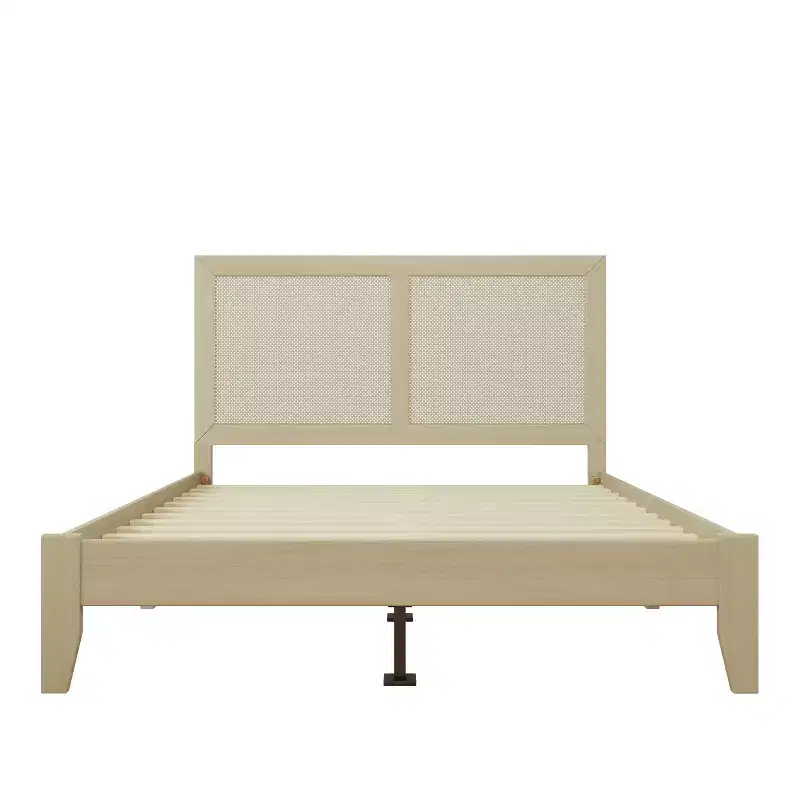 King/California King/Queen Size Platform Bed with Rattan Headboard and Solid Wood Frame, Natural-Christopher Knight Home