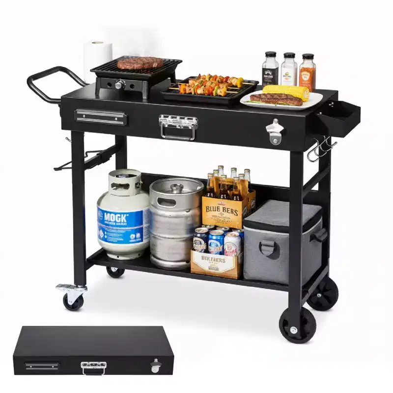 ROVSUN Outdoor Grill Table Cart, Foldable Grill Cart with Wheels, Rolling Table for Ninja, Blackstone Griddle, Pizza Oven Stand, Food Prep Table