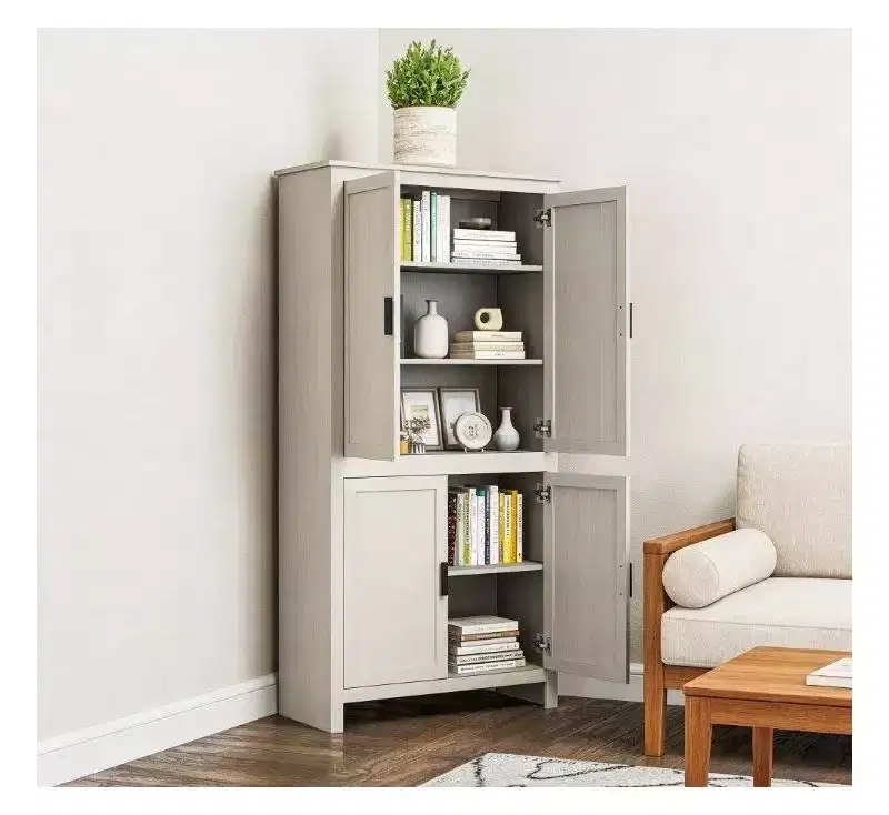 Okak Farmhouse Freestanding Kitchen Pantry Cabinet with 4 Doors & Adjustable Shelves,Storage Cabinet Bookcase for Living Room,Kitchen