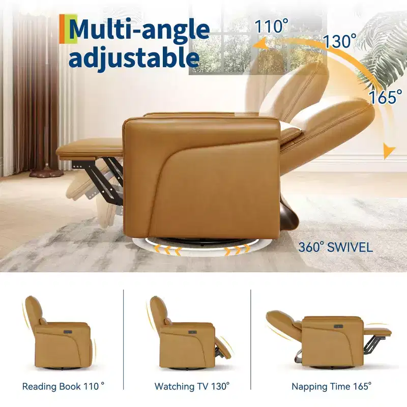 Power Recliner Chair with 360 Swivel & Charging, Electric Glider Rocker with Lumbar Support for Living Room or Nursery, Brown