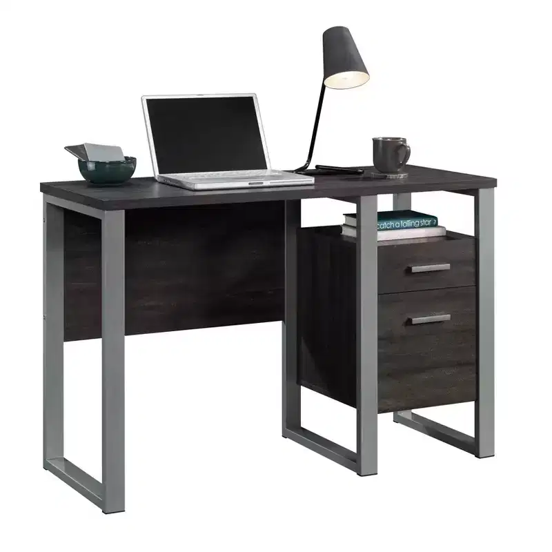 Single Pedestal Desk with Drawers and Open Shelf, Blade Walnut
