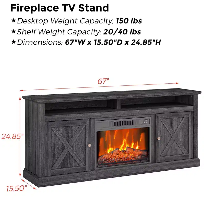 Fireplace TV Stand for 67-inch TVs Fireplace TV Stand with Glass-Door Storage Remote-Controlled, Adjustable Flame Intensity