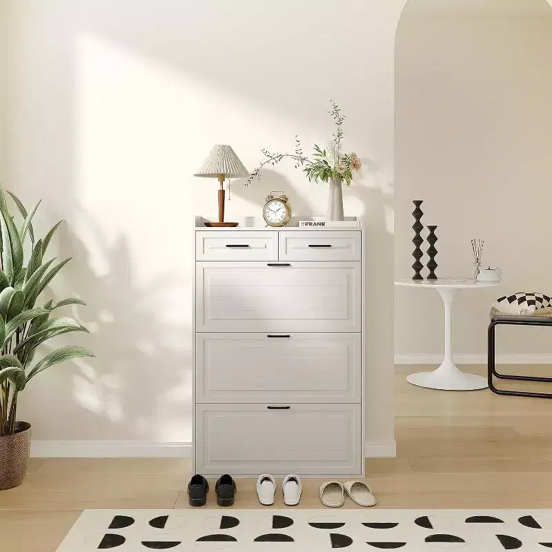 Shoe Storage Cabinet with 3 Flip Drawers and 2 Drawers, Hidden Wood Shoe Cabinet for Entryway, Freestanding Shoes Organizer Cabinet, Narrow Shoe Rack