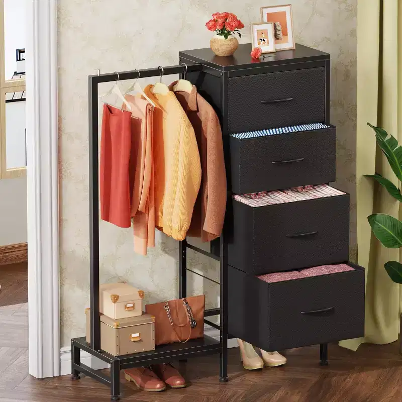 Dresser with Hanging Rack, 4 Drawers Small Closet for Bedroom, Reversible Fabric Kids Chest of Drawers with Clothes Rack, Tall Storage Tower, 44''H