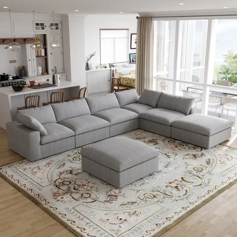 Grey / Black / White, U-Shape Modular Sectional Sofa with Ottoman, Seats 6