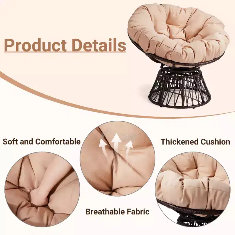 Karl Home | Brown Wicker Swivel Accent Chair With Beige Cushion