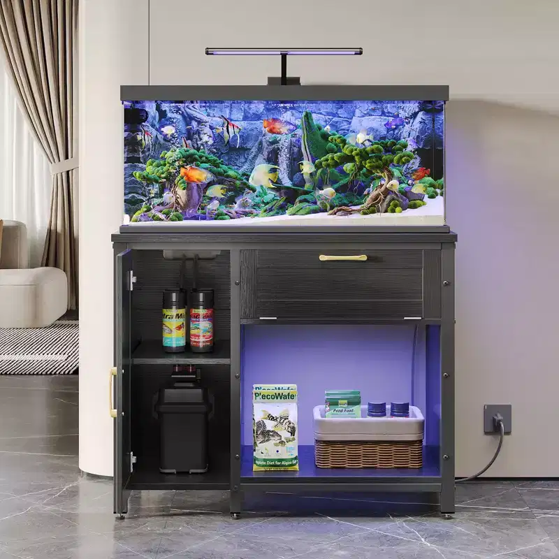 Bestier 40-50 Gallon Fish Tank Stand Wood Aquarium Stand with Storage Cabinet & Power Outlets LED Light, 660lbs Capacity, Black