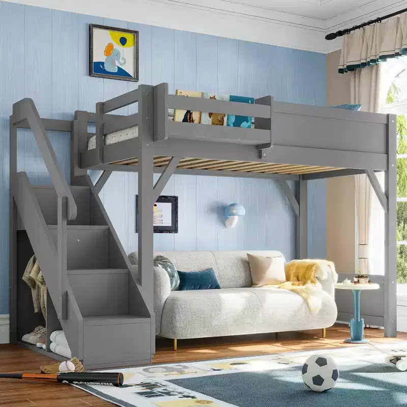 Bellemave Loft Bed with Built-in Wardrobe and Storage Space,Solid Wood Loft Bed Frame with Beside Shelves, Full-length Guardrail and Stair,