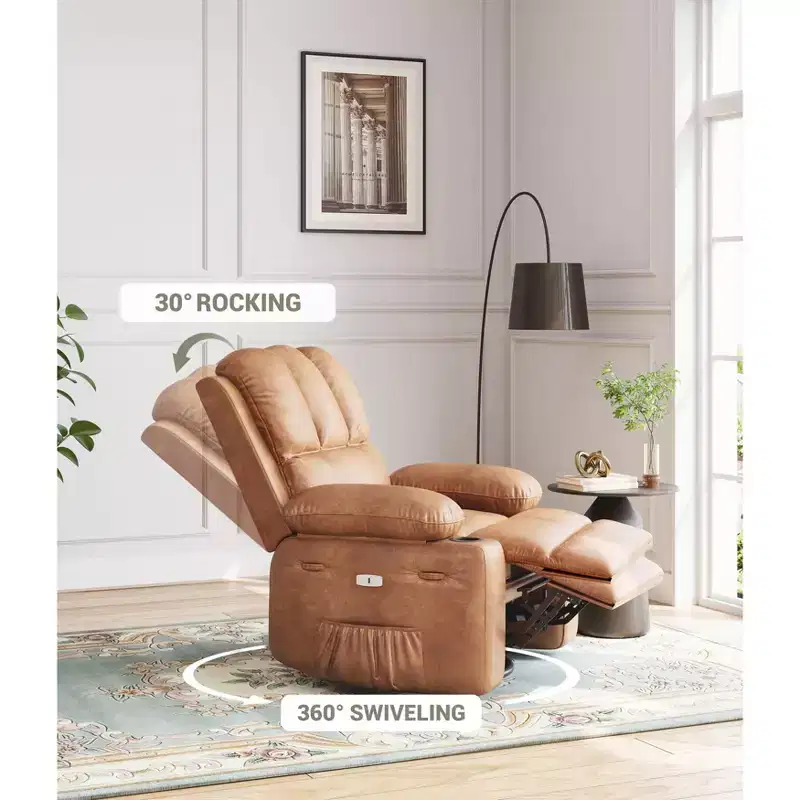 Recliner Chair with 360 Swivel & Rocking, Massage & Heat, PU Leather, USB, Cup Holders, Side Pocket, Beige/Brown Retro, for Living Room/Bedroom
