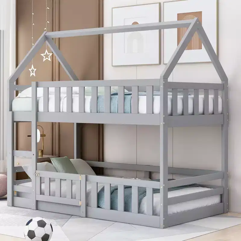 Twin Over Twin House Bunk Bed with Fence and Door, Solid Wood Playhouse Bed with Roof for Bedroom