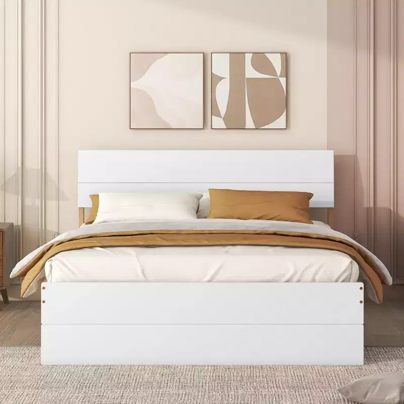 Whisen Modern Twin Bed Frame For White High Gloss Headboard and Footboard with Trundle or Drawers, Space-Saving Design