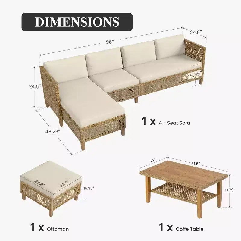 Captiva Designs Wicker Rattan Patio Furniture Sectional Sofas Conversation Set with Ottoman and Cushions