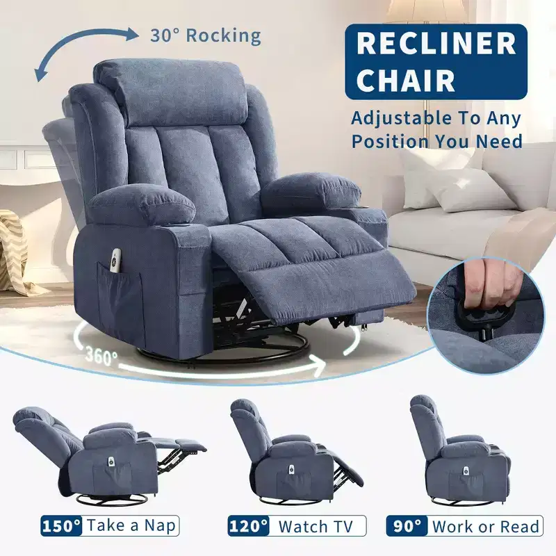 GustoWave Oversized Fabric 360 Swivel Rocking Recliner Chair with Heat and Massage, Extra Wide Lazy Recliner Sofa Chair for Adults