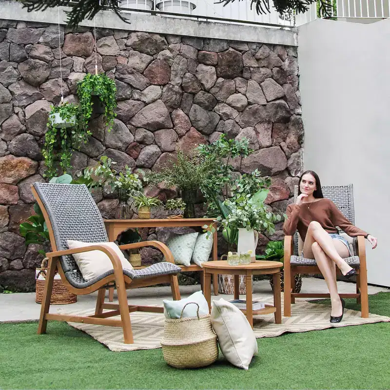 Sonoma Lane Sheldon 3pc Teak Outdoor Conversation Set with Lumbar Pillows – Weather-Resistant, Polyrope Crafted, Solid Teak Frame