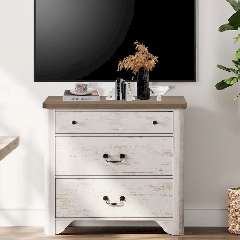 White Farmhouse TV Stand with 3 Drawers, for 2-Person Assembly