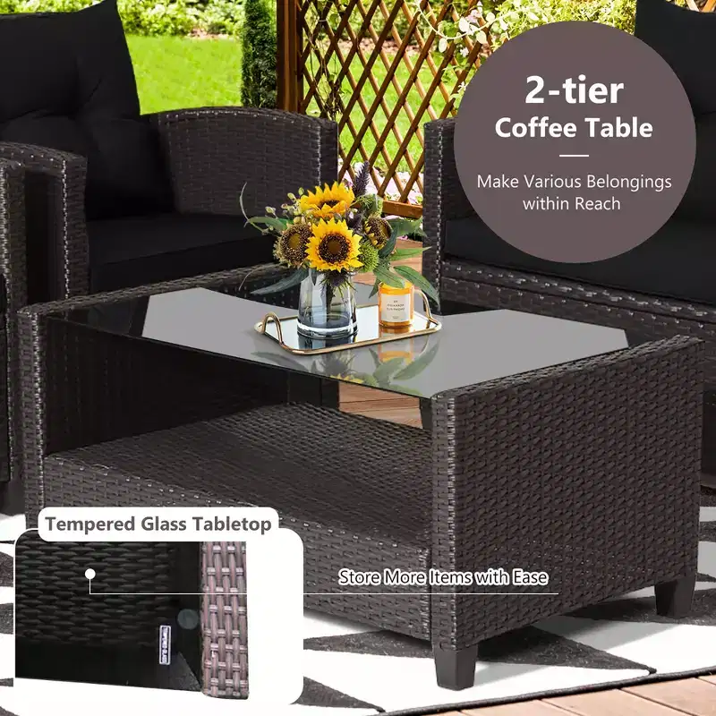 Costway 8 PCS Patio Rattan Furniture Set Glass Table Shelf Sofa Cushion Black/Red/Turquoise/Navy/Gray