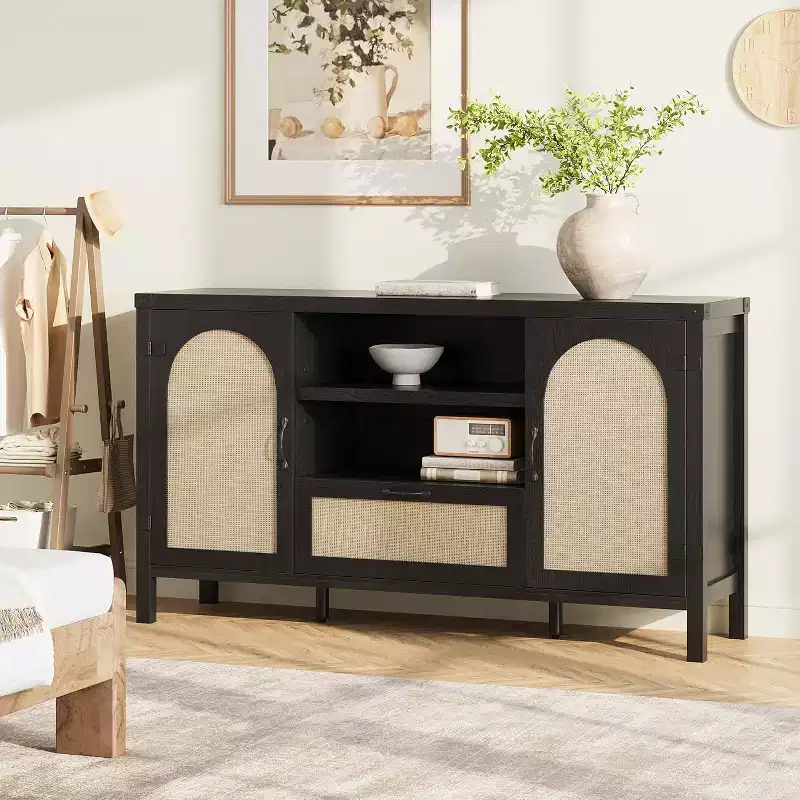 47.2'' Rattan Buffet Cabinet, Kitchen Coffee Bar Cabinet w/Doors and Drawer, Boho Sideboard with Adjustable Shelves & Handle for Living Room